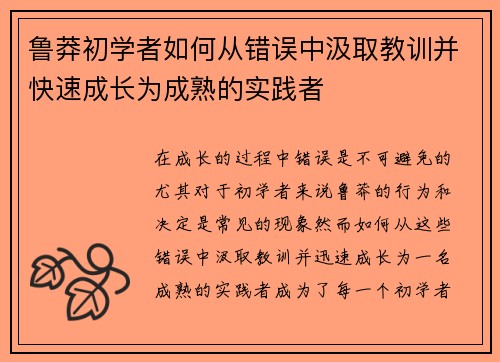 鲁莽初学者如何从错误中汲取教训并快速成长为成熟的实践者